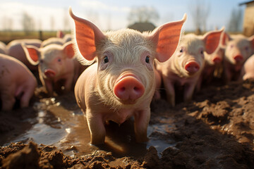Pigs in a pig farm. Pig looking at the camera.