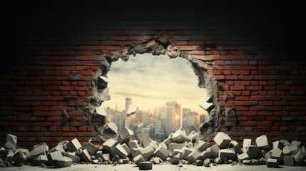 Breaking Through: A Round Hole in the Brick Wall Reveals the Modern City Beyond, Generative AI