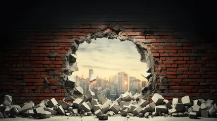 Fotobehang Breaking Through: A Round Hole in the Brick Wall Reveals the Modern City Beyond, Generative AI © BPawesome