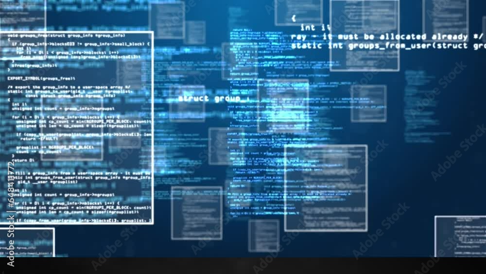 Poster animation of multiple squares and computer language over abstract background