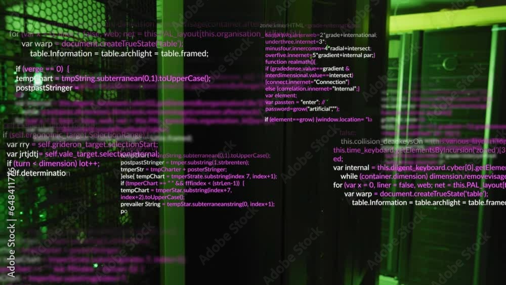 Poster animation of multicolored computer language over illuminated data server systems in server room