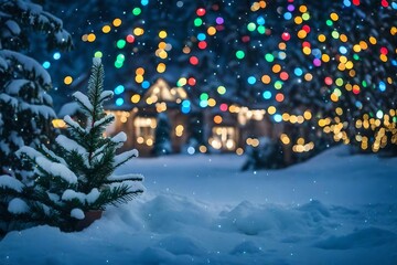 Holiday decorations and a Christmas tree in art on a blue, snowy background. 