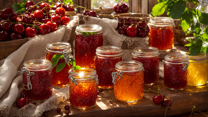 Jars of cherry jam on a kitchen background