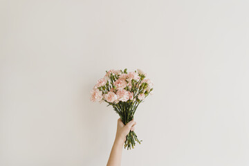 Female hand holds delicate pink carnation flowers bouquet. Close up view floral composition
