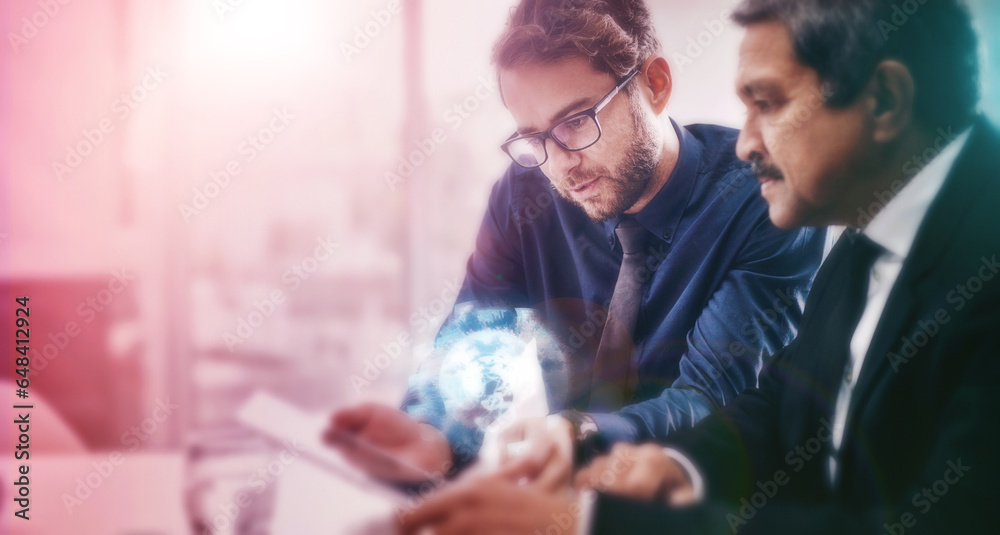 Aufkleber Hologram, tablet and team of business people with futuristic networking for company global growth and connection. Technology, software and men working on 3D digital worldwide development information