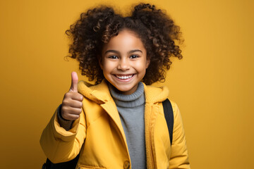 Obraz na płótnie Canvas smiling african american schoolgirl show thumb up finger on yellow background. Back to school