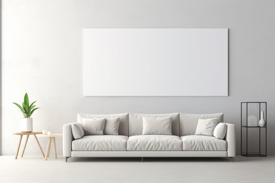 Blank poster in living room with gray sofa, aesthetic look