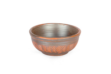 BROWN EARTHEN BOWL ON ISOLATED WHITE BACKGROUND