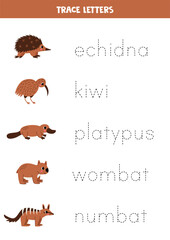 Tracing letters with cute Australian animals. Writing practice.
