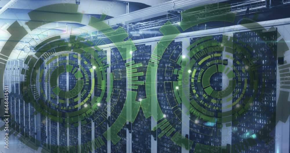 Poster animation of loading circles over binary codes on data server racks in server room