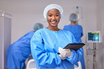 Smile, portrait and a black woman in surgery with a tablet for information, research and a...
