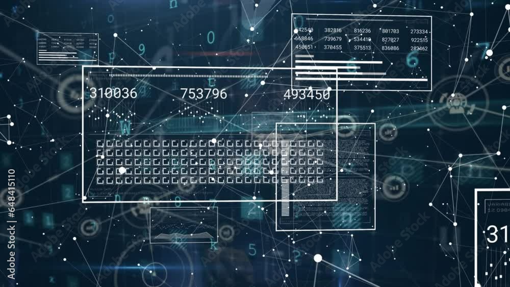 Poster animation of numbers, graphs, loading circles and bars over connected icons on abstract background