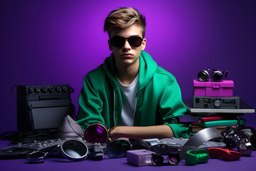 Colorful studio portrait of a cool teenager boy with age specific outfit and accessories. Bold, vibrant and minimalist. Generative AI