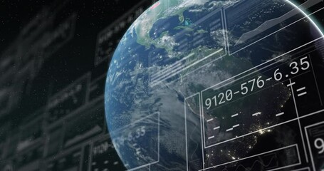 Animation of graphs, changing numbers loading bars, circles over globe against abstract background