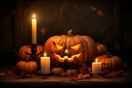 Halloween spooky background, scary lanterns pumpkins faces. Halloween indoor backdrop concept