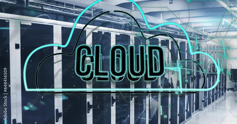 Poster animation of cloud text in cloud over connected dots on data server racks in server room