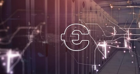 Animation of euro symbol and circles with navigation pattern over server room - Powered by Adobe