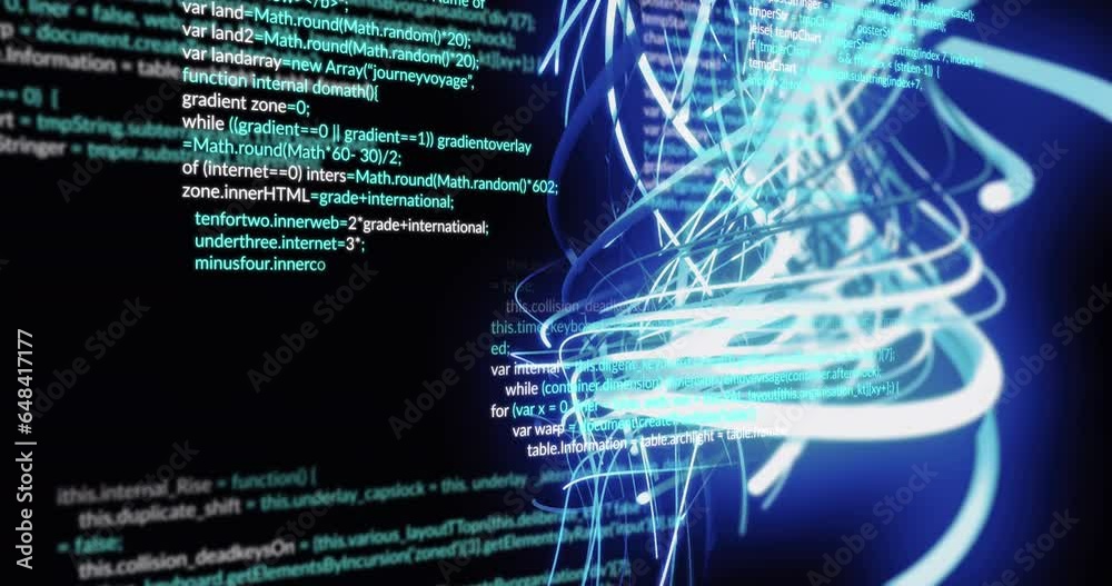 Poster animation of spiral pattern and multicolored computer language over black background