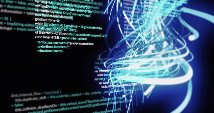 Animation of spiral pattern and multicolored computer language over black background