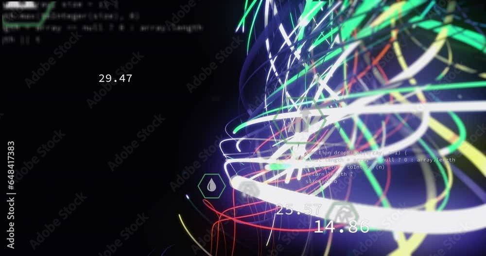Poster animation of spiral pattern and multiple icons with computer language over black background