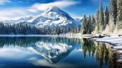 Fotobehang Reflectie  Stunning winter alpine lake & mountain scene in the Cascade range of Washington state in this view through two snow covered evergreens at snow capped mountains and trees reflected on blue lake water
