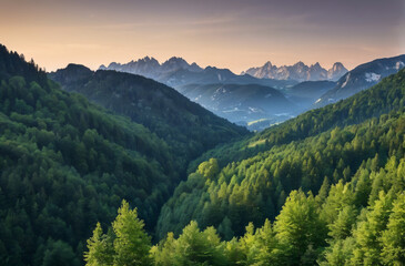 landscape of mountains, trees and sky for wallpaper