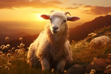Fotobehang Beautiful nature at sunset, and the sheep and the lamb, the good shepherd, aesthetic look © alisaaa
