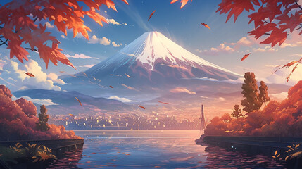 秋の季節の富士山と紅葉、Mt. Fuji and autumn leaves in autumn s(AI) - obrazy, fototapety, plakaty