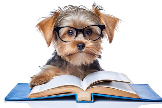 A cute dog reading a book with glasses on created with Generative AI technology