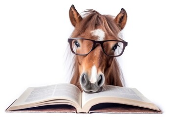 A horse wearing glasses reading a book created with Generative AI technology - obrazy, fototapety, plakaty