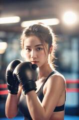 young girl boxing exercise at boxing gym, lens flare background and bokeh