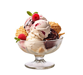 ice cream sundae With fruit and whipped cream realistic and isolated white clear background,generative AI