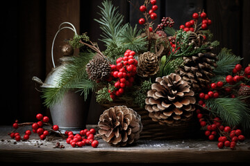 artistic photo of a Christmas tree adorned with nature-inspired decorations, such as pinecones, berries, and rustic elements