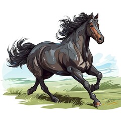 Horse gallops across an open field in cartoon style isolated on a white background