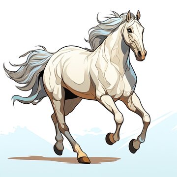 Horse gallops across an open field in cartoon style isolated on a white background