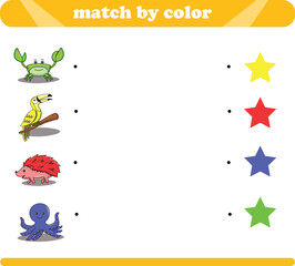 Color matching logic game with cute animal drawings crab toucan hedgehog octopus