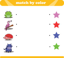Color matching logic game with cute animal drawings frog toucan hedgehog cow