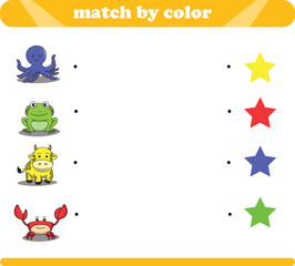 Color matching logic game with cute animal drawings octopus frog cow crab