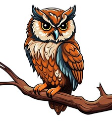 Wise Owl perches on a tree branch in cartoon style isolated on a white background