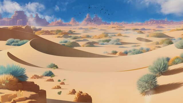 valley state country. beautiful desert views. Cartoon or anime illustration style. seamless looping 4K time-lapse virtual video animation background.