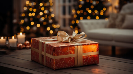 Christmas gift on the table in festive packaging but with a Christmas tree background, mockup for a gift