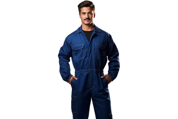 Male Field Worker in a Mechanic's Jumpsuit with a Transparent Background.