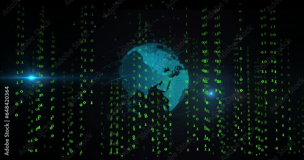 Poster animation of falling binary codes with circular pattern and lens flares around rotating globe