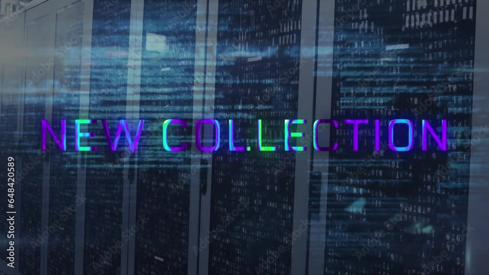 Poster animation of new collection text and computer language over data server racks