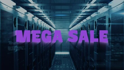 Animation of mega sale text and computer language over data server room - Powered by Adobe