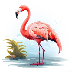 Obraz premium An elegant flamingo stands in a shallow pond in cartoon style isolated on a white background