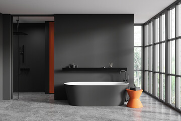 Gray bathroom interior with shower and tub - obrazy, fototapety, plakaty
