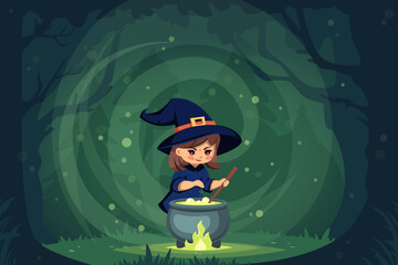 halloween witch in forest. cartoon funny autumn mystical fantasy girl cooking poison elixir forest meadow background, halloween character haunt horrible childish. vector cartoon background.