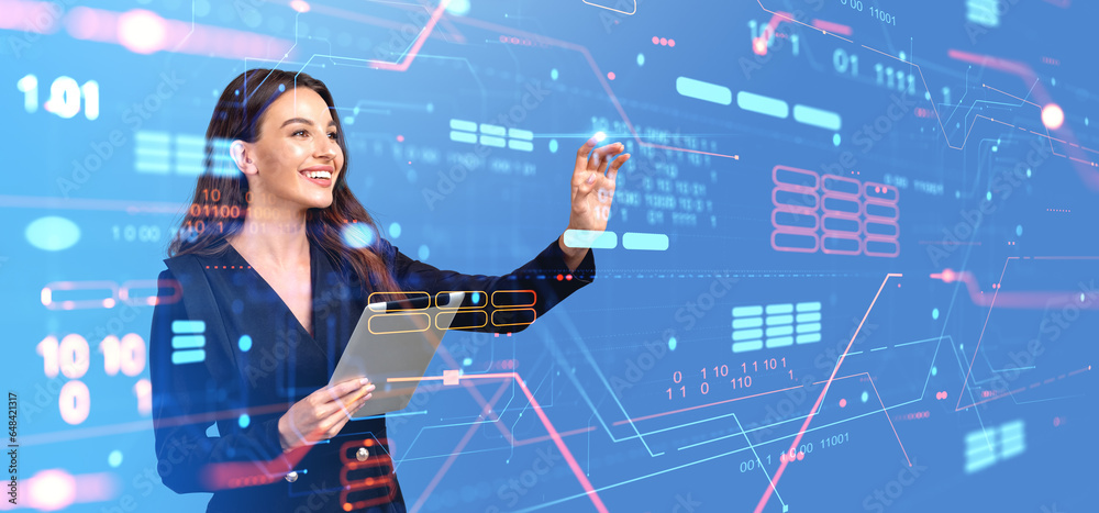 Poster woman finger touching data server processing information with binary