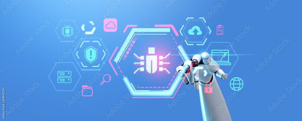 Poster robot hand touching cybersecurity icons with bug virus in system, web security